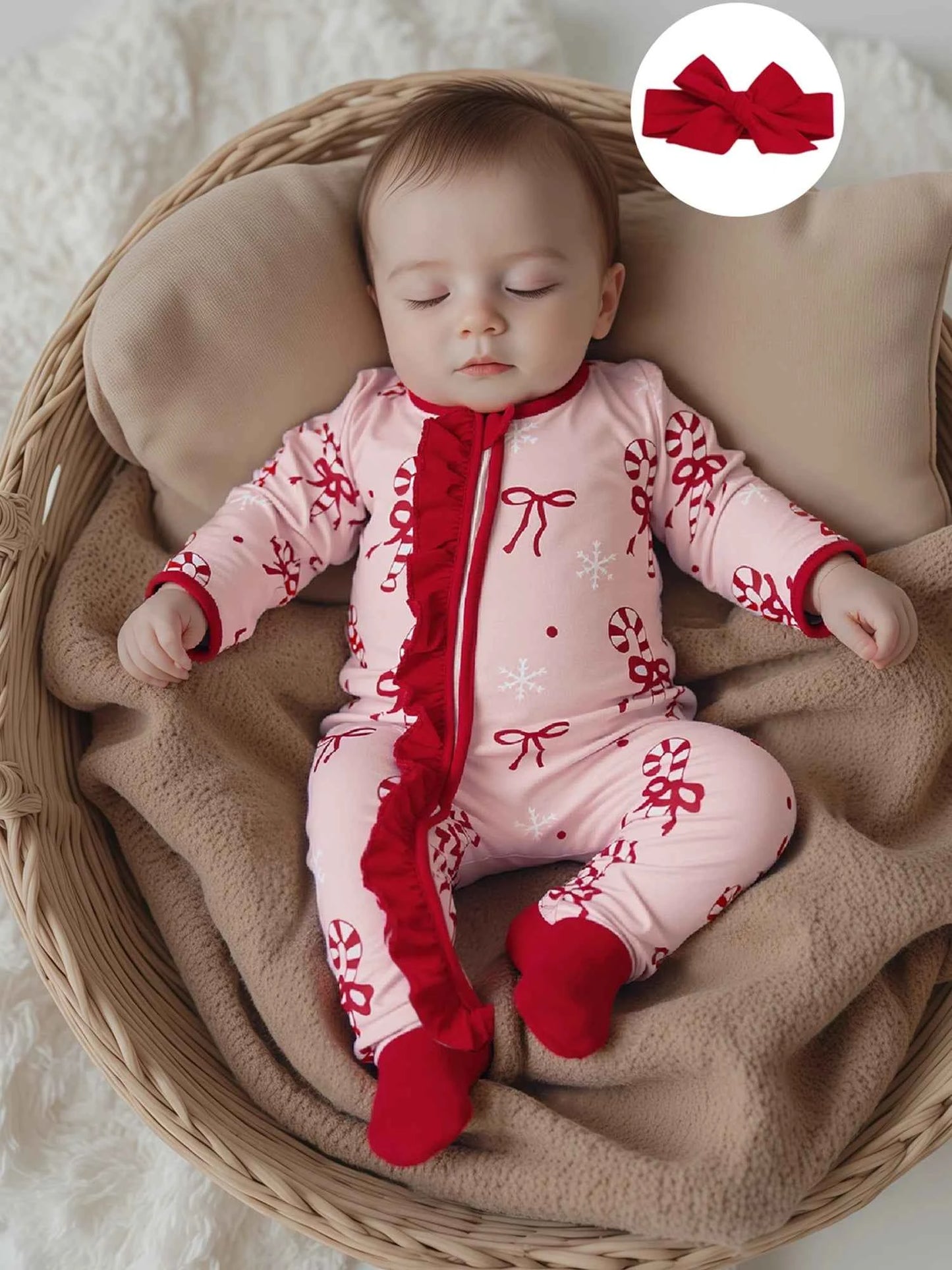 Newborn Baby Girl Christmas Romper – Bow Print Long Sleeve Zip-Up Footed Jumpsuit with Headband
