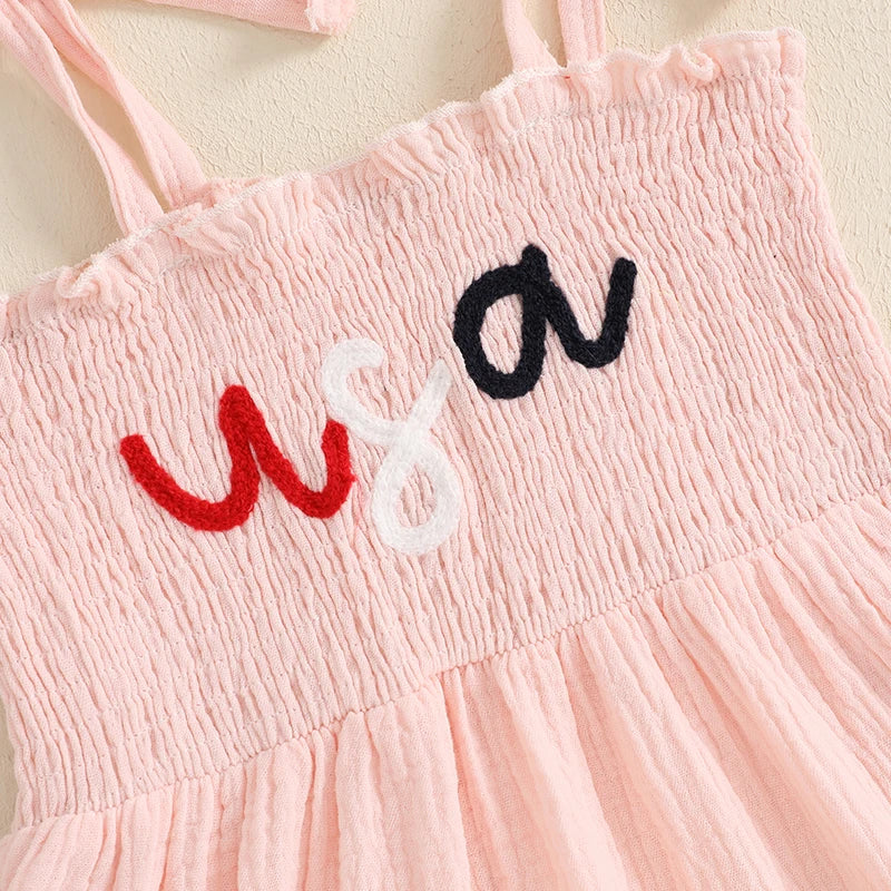 Girls 4th of July Smocked Dress – Sleeveless Tie Shoulder Toddler A-Line Patriotic Outfit