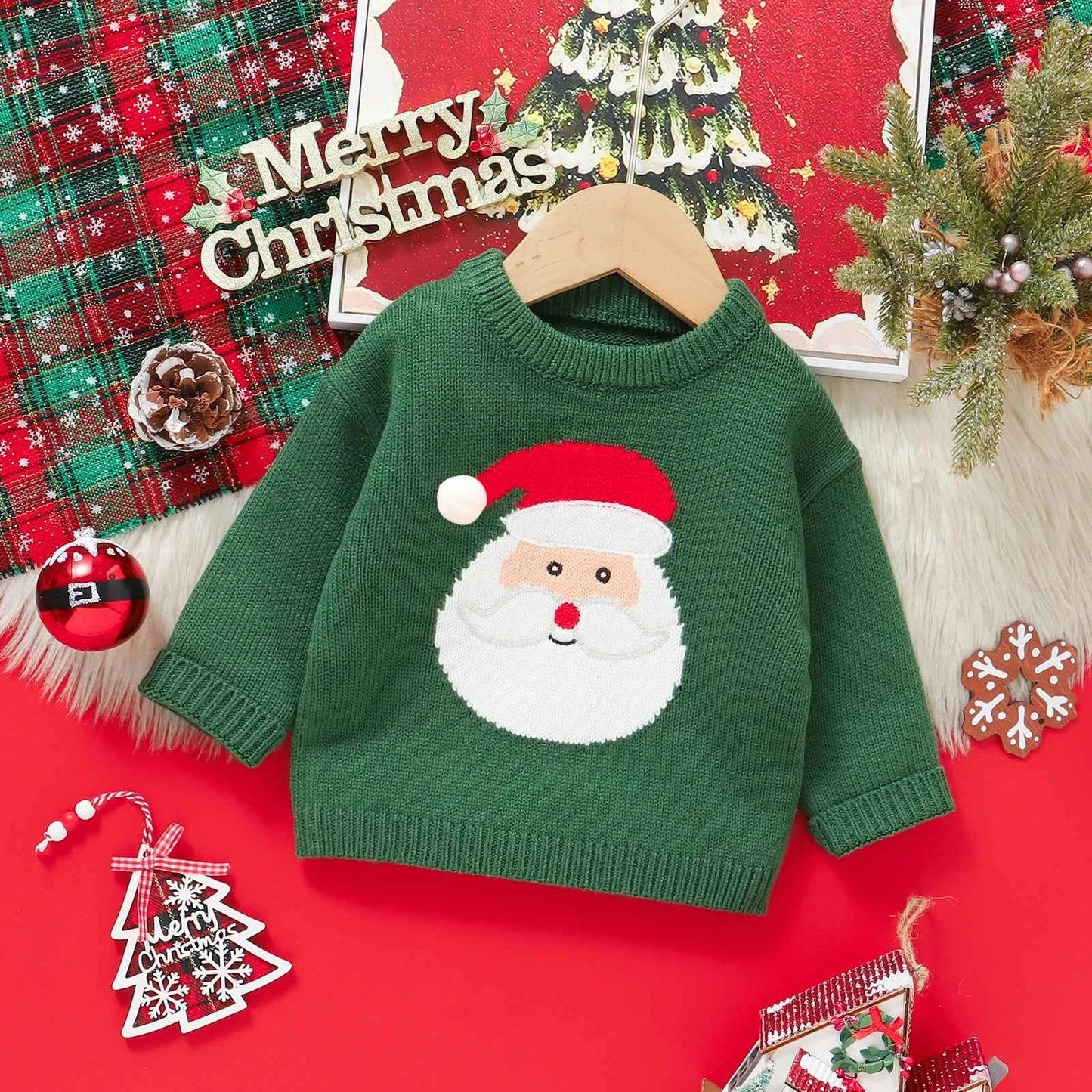 Kids Christmas Sweater – Long Sleeve Crew Neck Santa Claus & Elk Winter Sweater