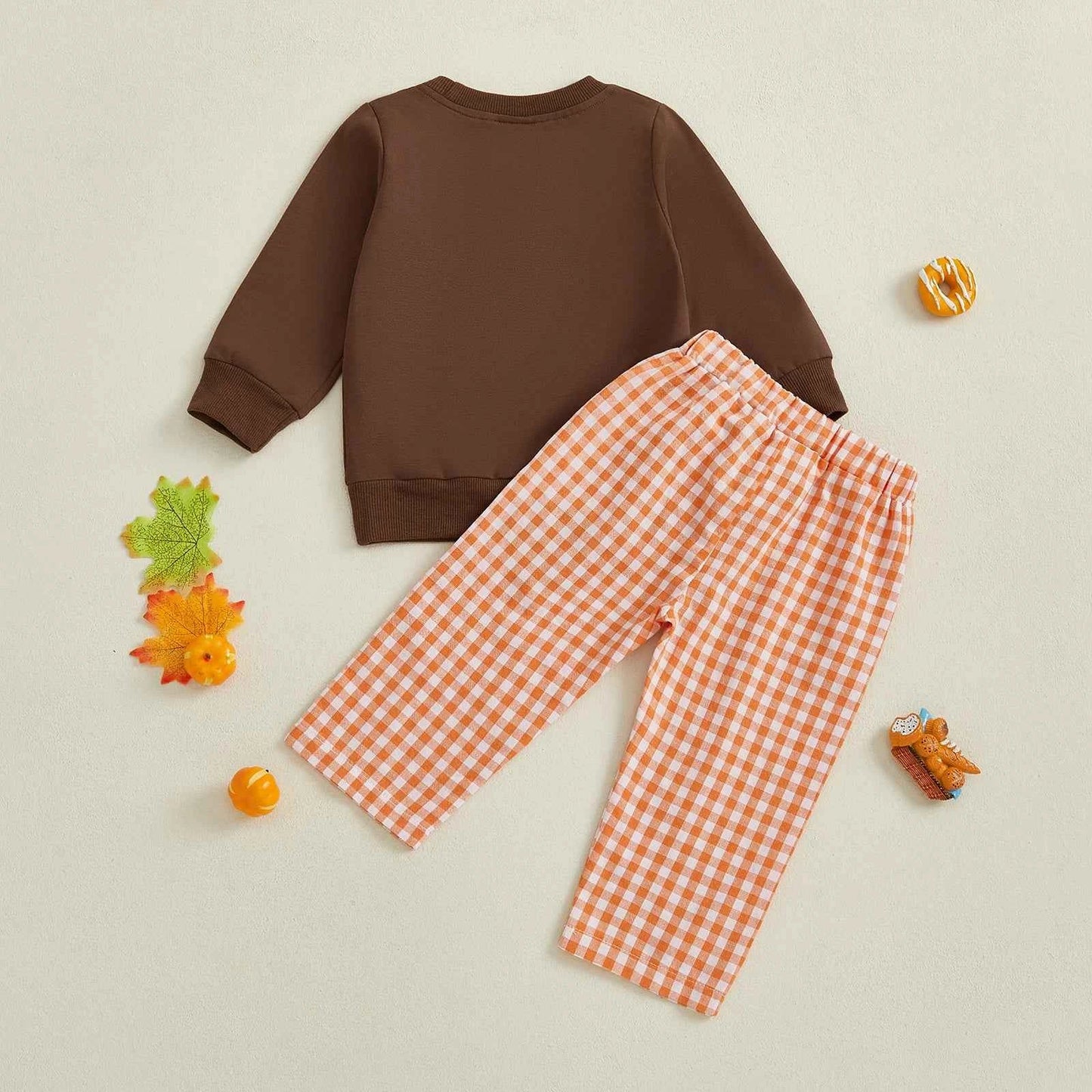 Thanksgiving Outfit – Pumpkin Turkey Sweatshirt & Plaid Elastic Waist Pants Set