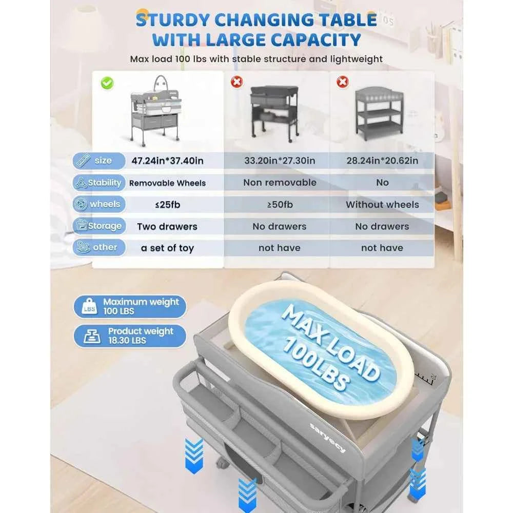 Foldable Baby Changing Table with 2 Drawers – Adjustable Height Waterproof Diaper Changing Station