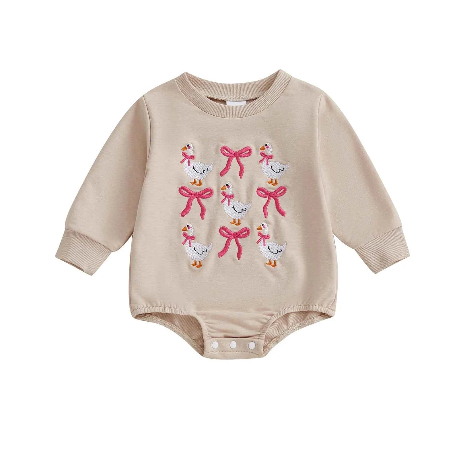 Girl Goose and Bow Embroidered Romper – Long Sleeve Crewneck Sweatshirt Bodysuit