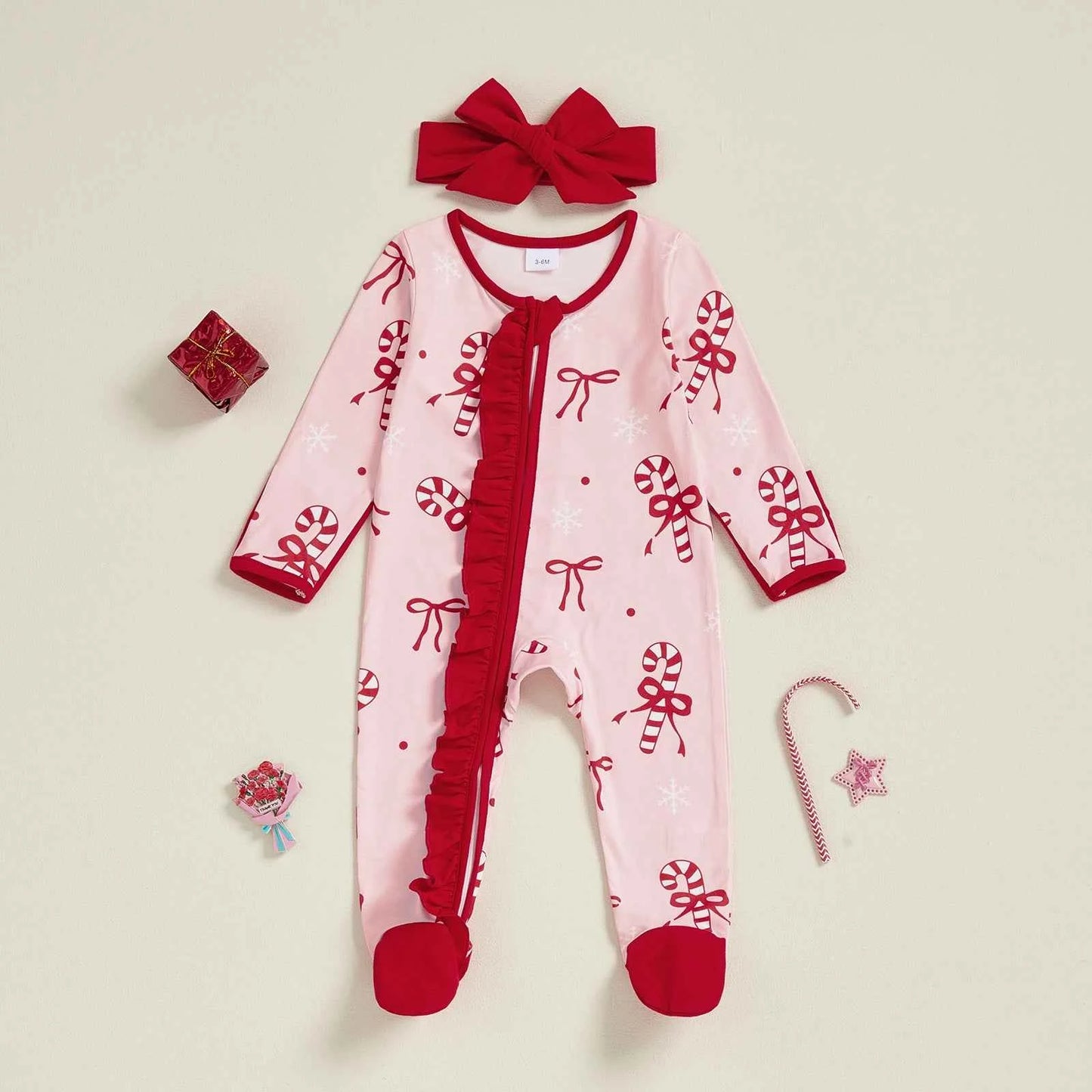 Newborn Baby Girl Christmas Romper – Bow Print Long Sleeve Zip-Up Footed Jumpsuit with Headband