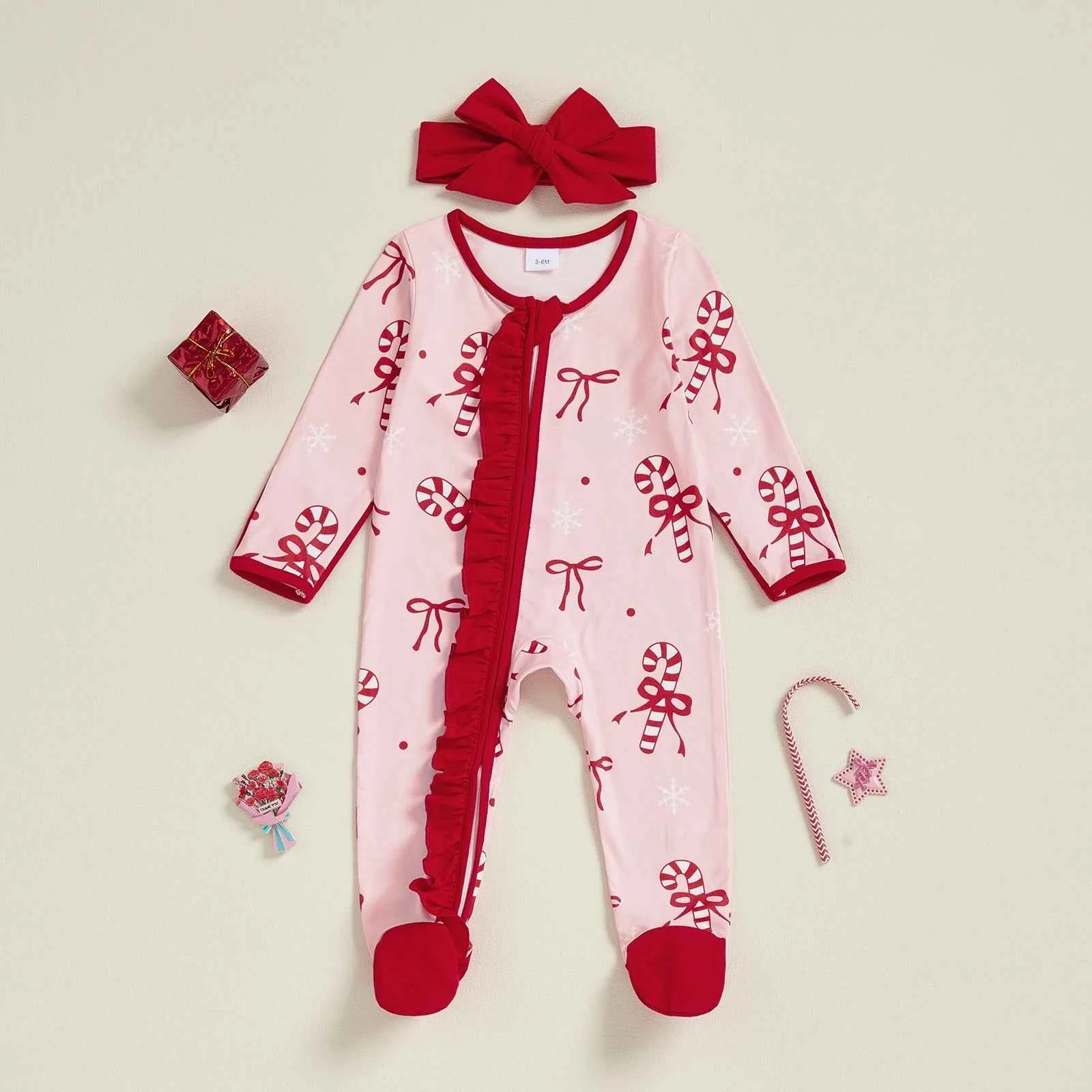 Newborn Baby Girl Christmas Romper – Bow Print Long Sleeve Zip-Up Footed Jumpsuit with Headband