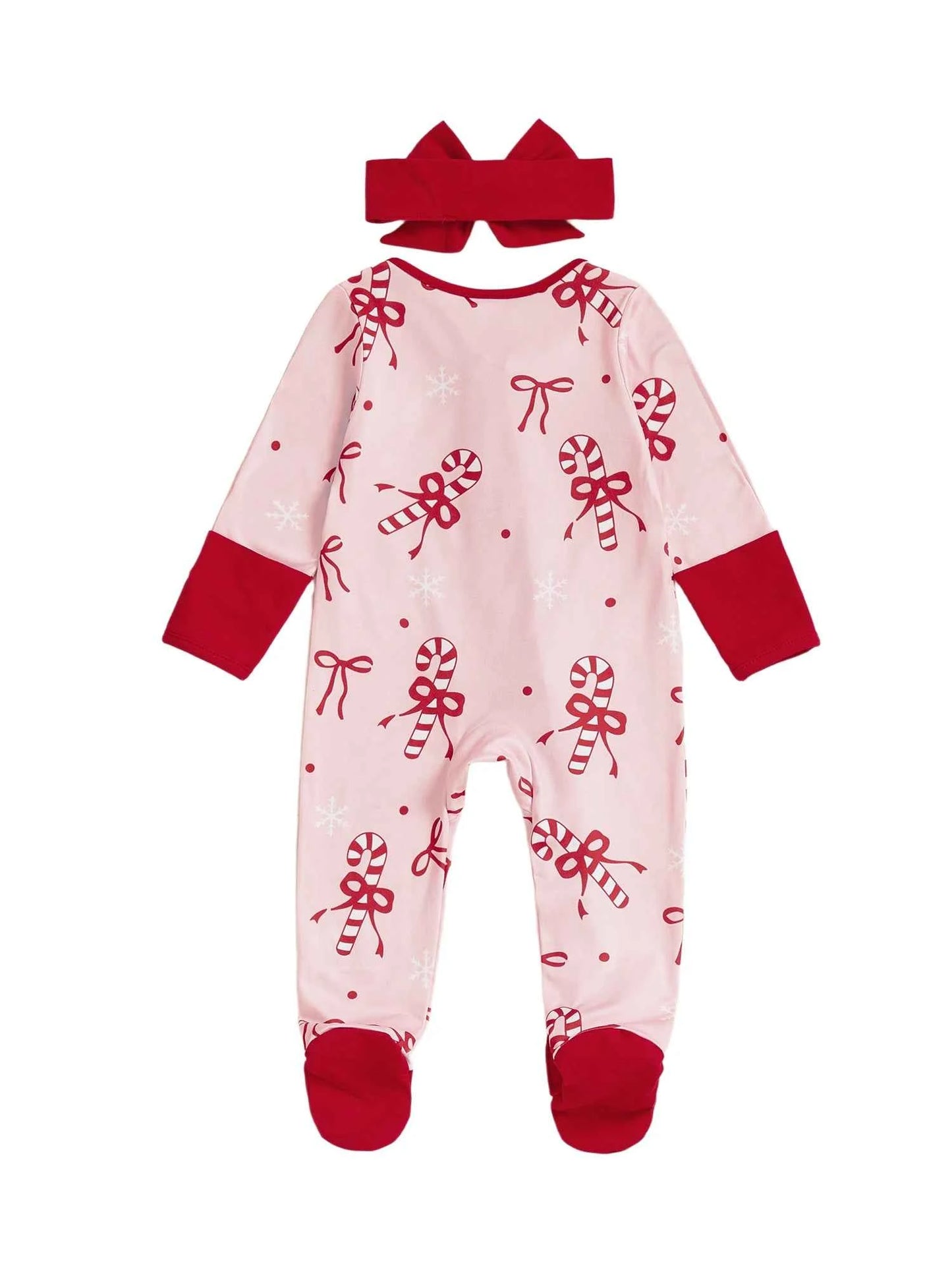 Newborn Baby Girl Christmas Romper – Bow Print Long Sleeve Zip-Up Footed Jumpsuit with Headband