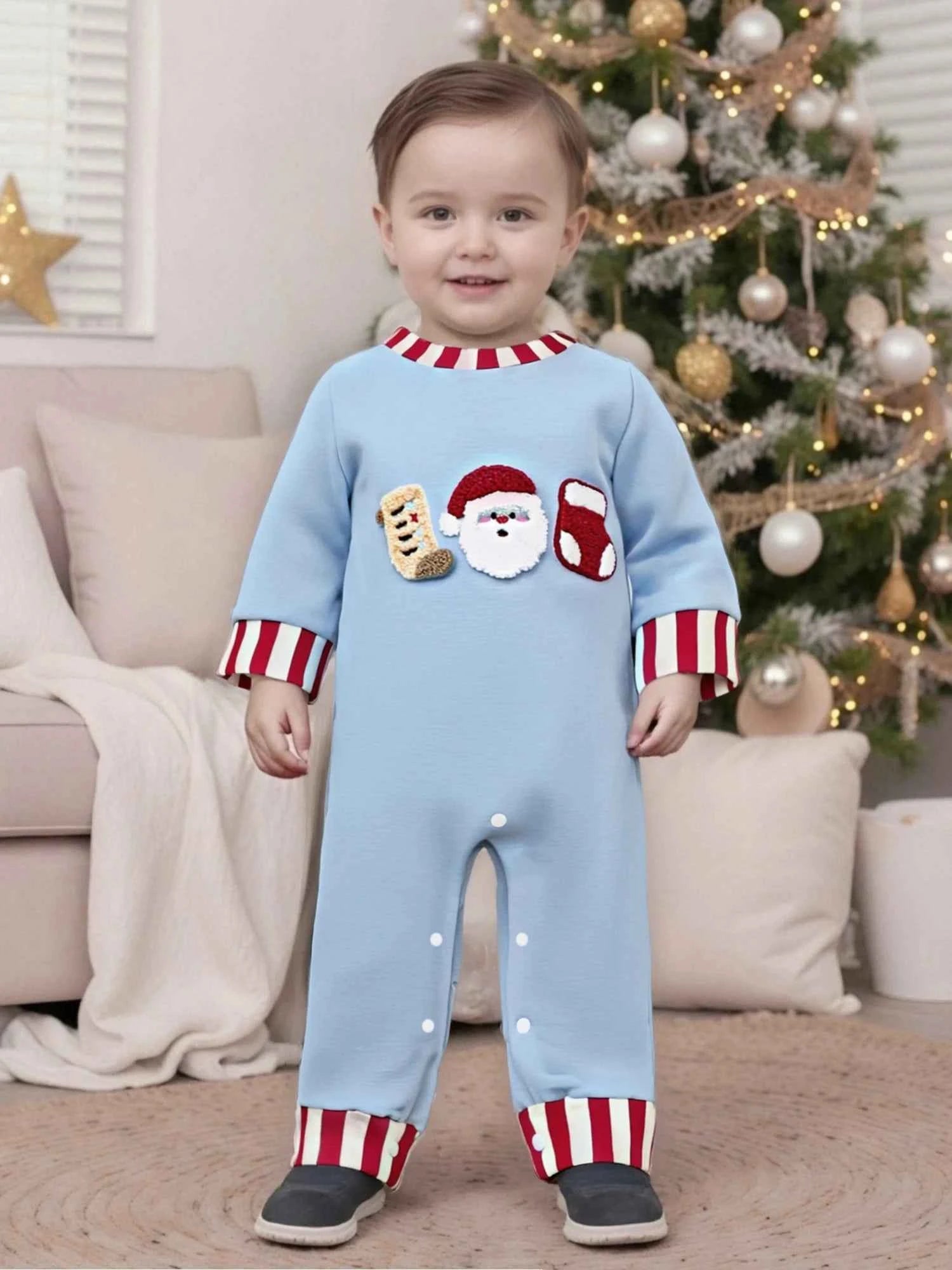 Baby Christmas Romper – Santa Embroidery Striped Long Sleeve Crew Neck Full-Length Jumpsuit