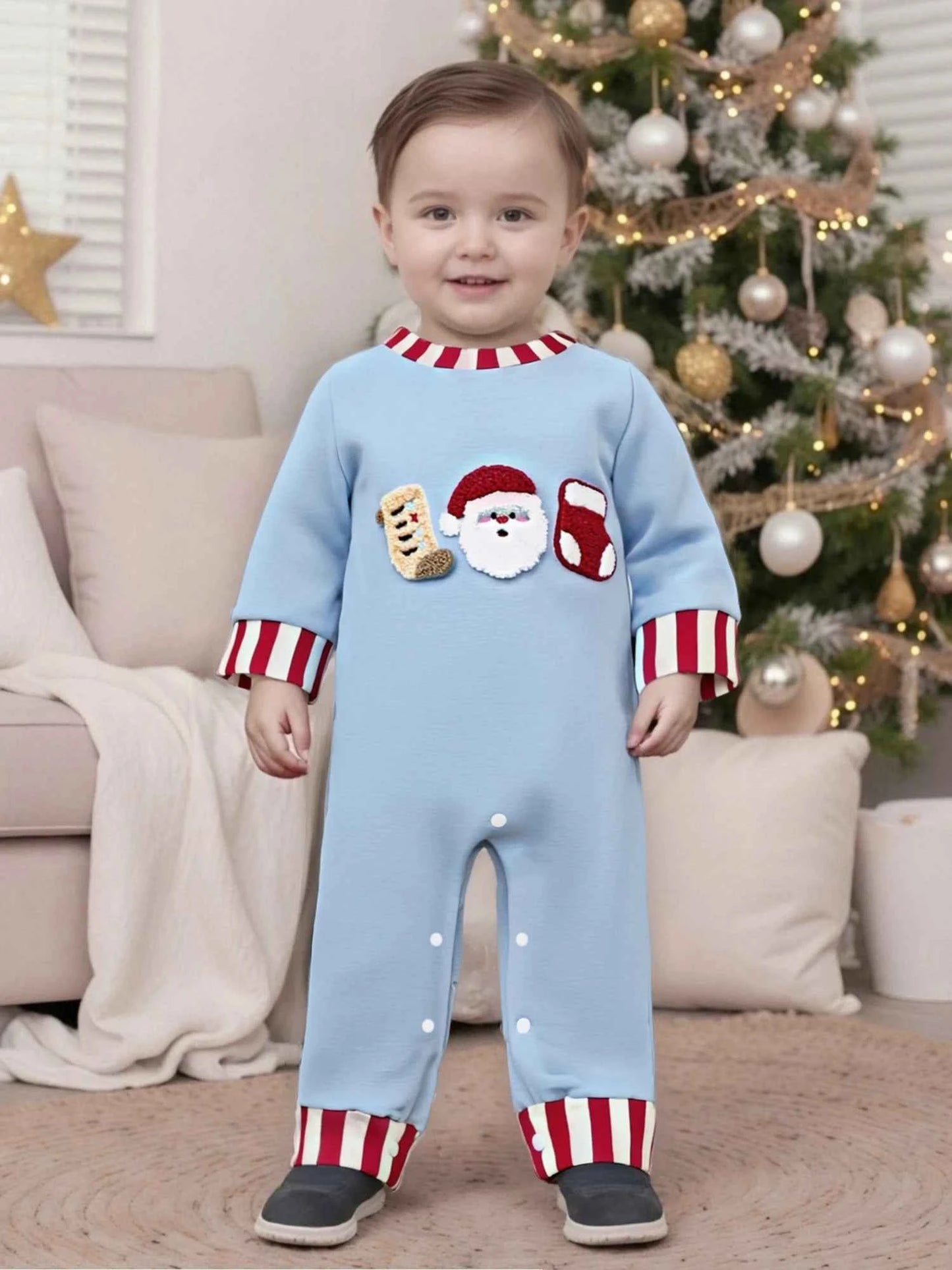 Baby Christmas Romper – Santa Embroidery Striped Long Sleeve Crew Neck Full-Length Jumpsuit