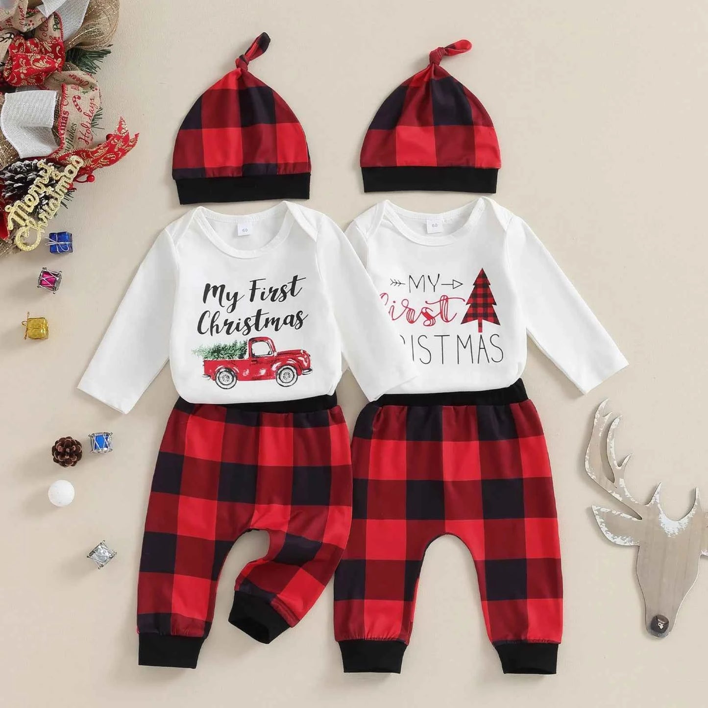 My First Christmas Baby Outfit – 3PCS Romper Set (0–12M)