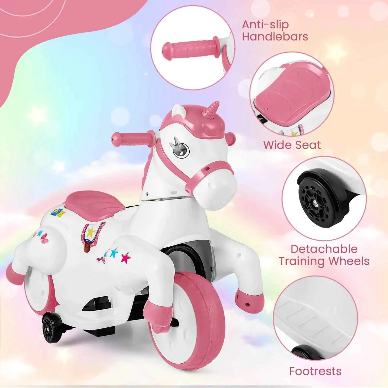 12V Kids Ride-On Unicorn Toy with Training Wheels, Music, and One-Button Start