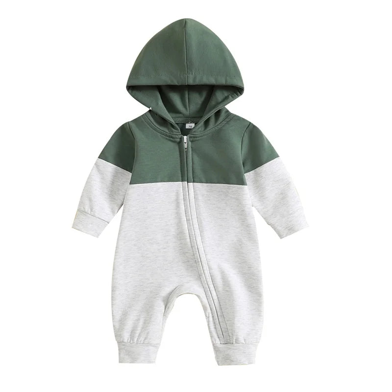 Infant Baby Boy Hooded Romper – Long Sleeve Contrast Zipper Jumpsuit 0-18M