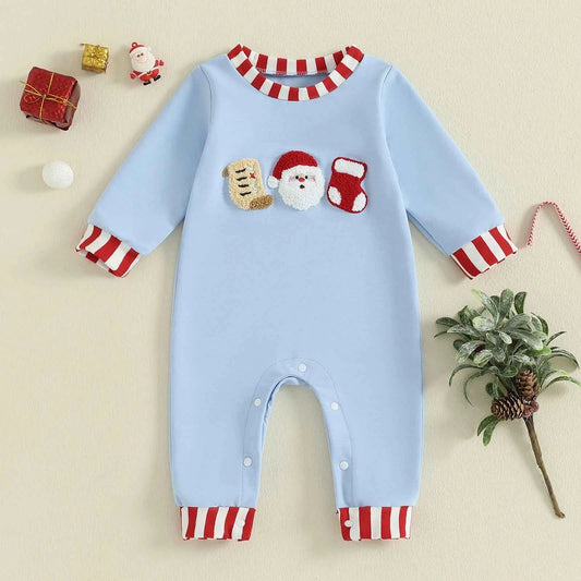Baby Christmas Romper – Santa Embroidery Striped Long Sleeve Crew Neck Full-Length Jumpsuit