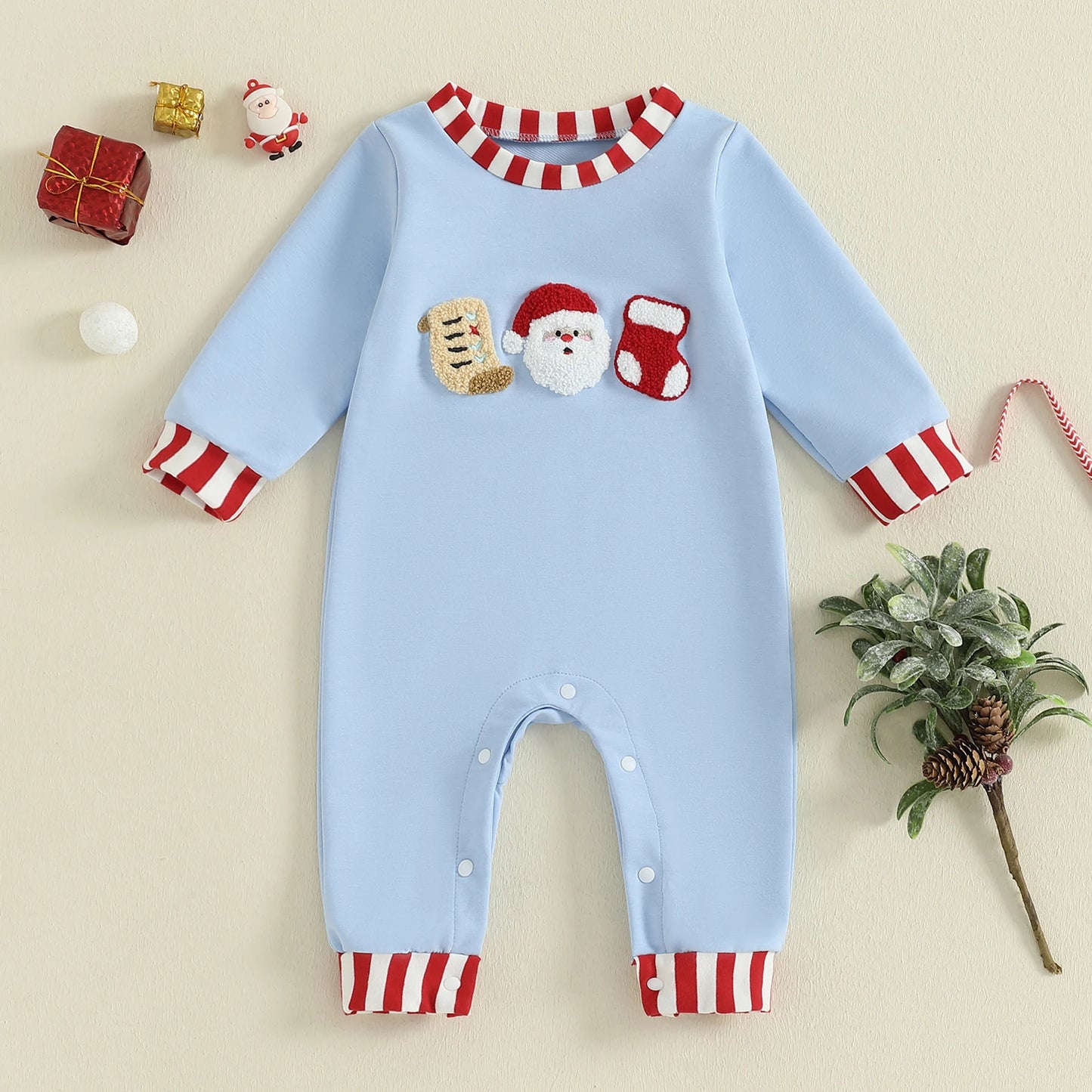 Baby Christmas Romper – Santa Embroidery Striped Long Sleeve Crew Neck Full-Length Jumpsuit