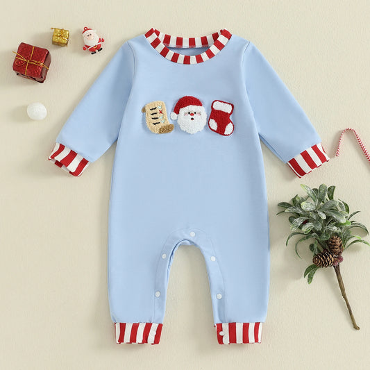 Baby Christmas Romper – Santa Embroidery Striped Long Sleeve Crew Neck Full-Length Jumpsuit