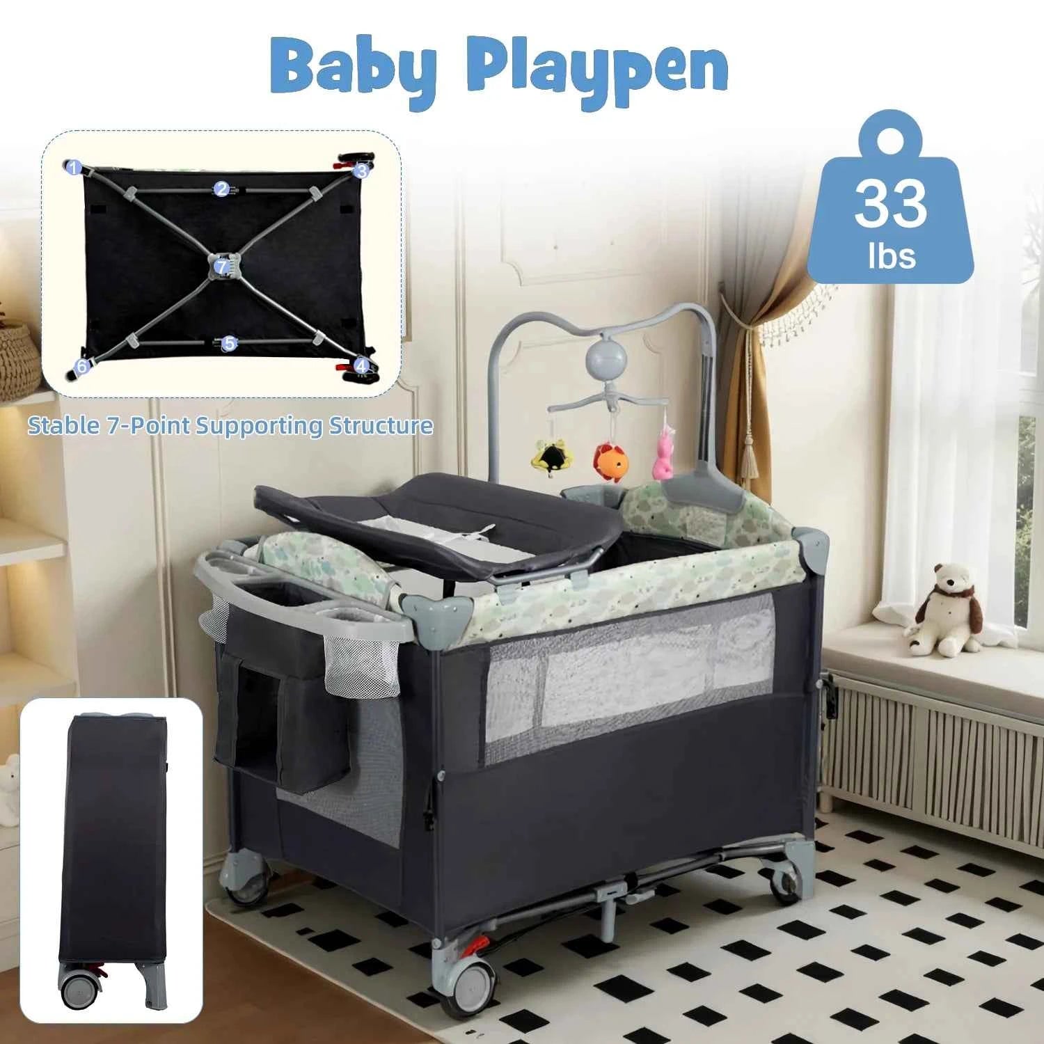 All-in-One Baby Playard Pack n Play with Bassinet & Diaper Changing Station – Portable Folding Travel Crib