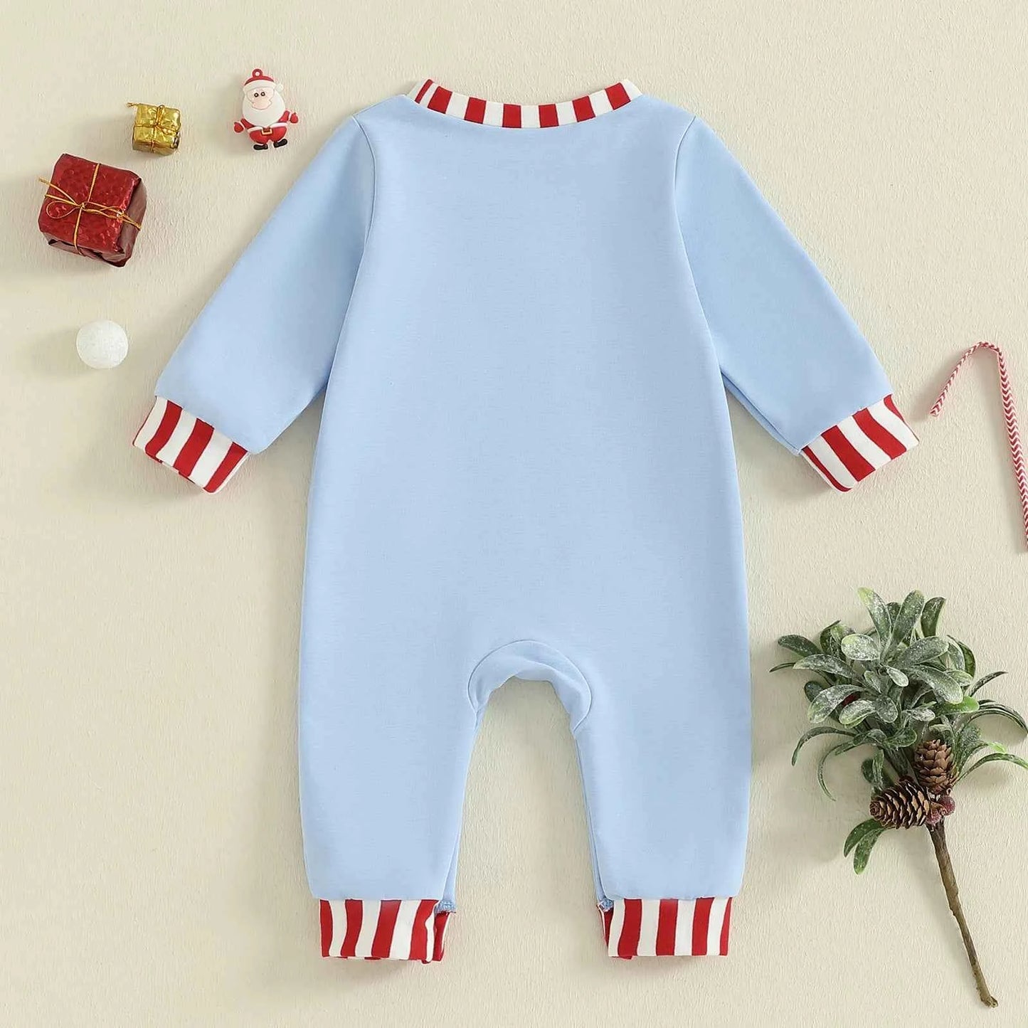 Baby Christmas Romper – Santa Embroidery Striped Long Sleeve Crew Neck Full-Length Jumpsuit
