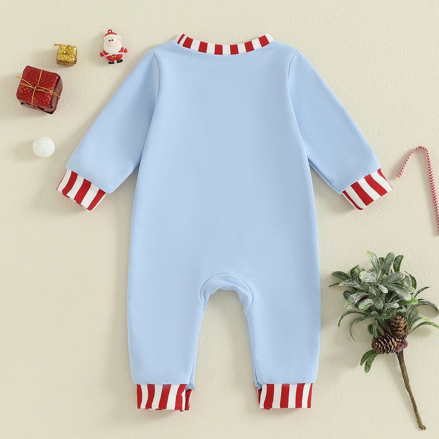 Baby Christmas Romper – Santa Embroidery Striped Long Sleeve Crew Neck Full-Length Jumpsuit