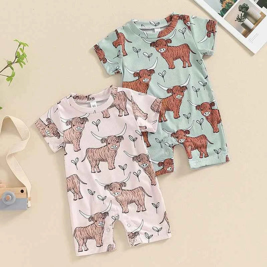 0–18M Baby Boys and Girls Western Jumpsuit, Short Sleeve Crew Neck Cow Print Summer Romper Casual Baby Outfit