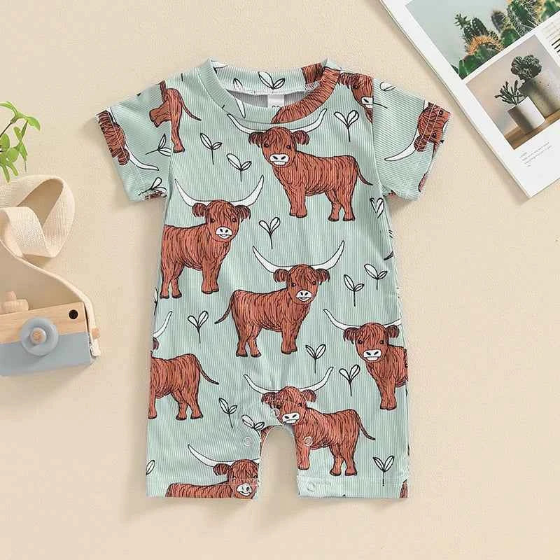 0–18M Baby Boys and Girls Western Jumpsuit, Short Sleeve Crew Neck Cow Print Summer Romper Casual Baby Outfit