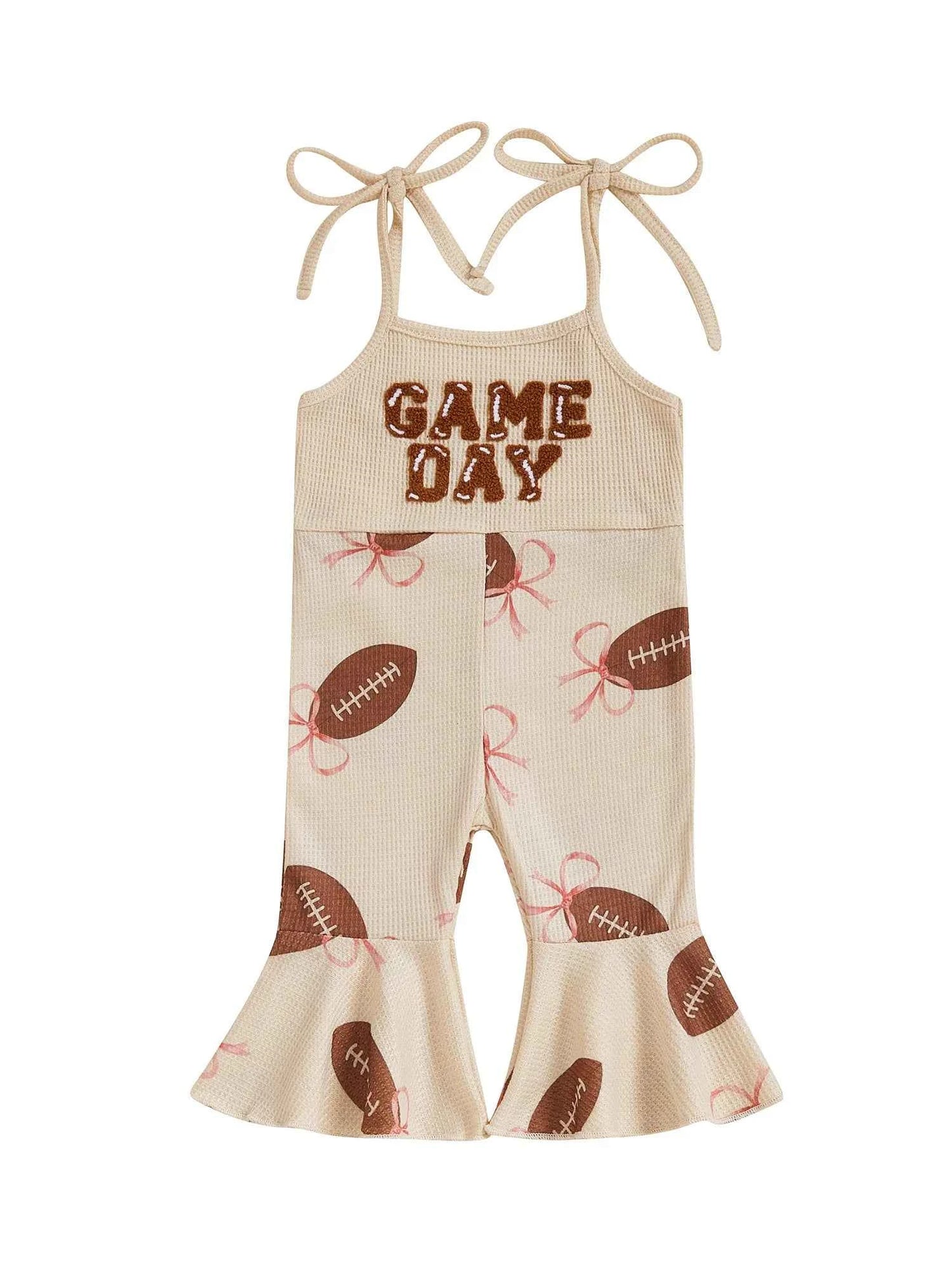 Baby Bell Bottom Jumpsuit – Sleeveless Tie-Up Strap Overalls with Letter Embroidery "Game Day" Print