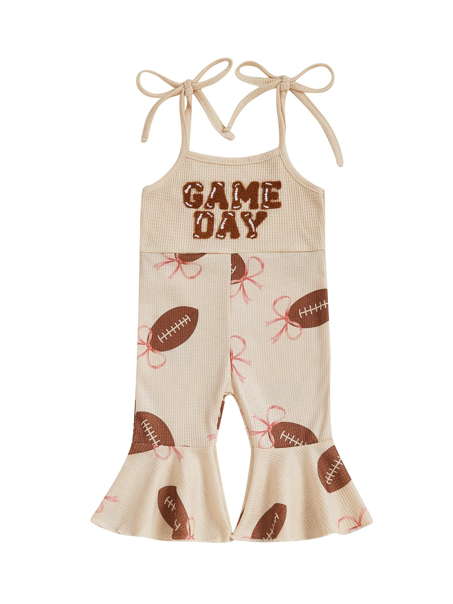 Baby Bell Bottom Jumpsuit – Sleeveless Tie-Up Strap Overalls with Letter Embroidery "Game Day" Print