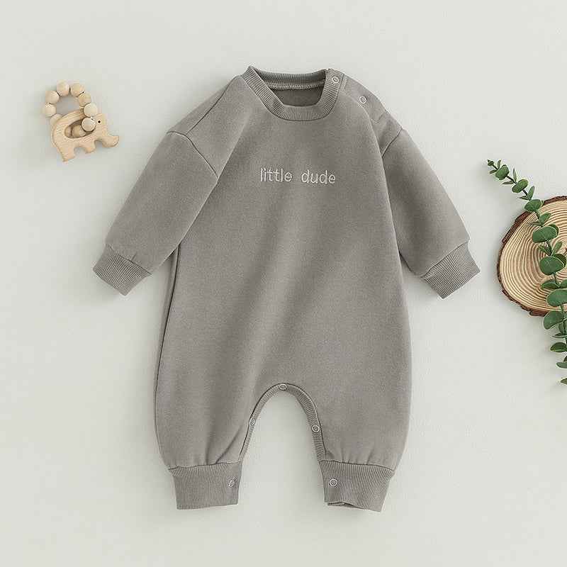Baby Letter Embroidered "Little Dude" Jumpsuit – Long Sleeve Footless Romper (0–18M)