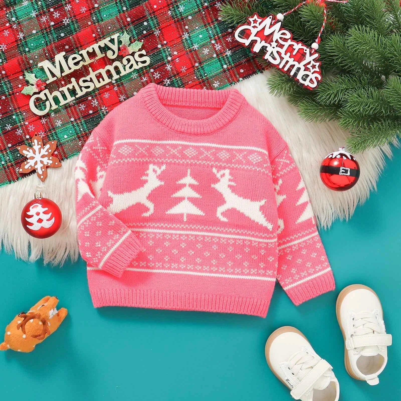 Kids Christmas Sweater – Long Sleeve Crew Neck Santa Claus & Elk Winter Sweater