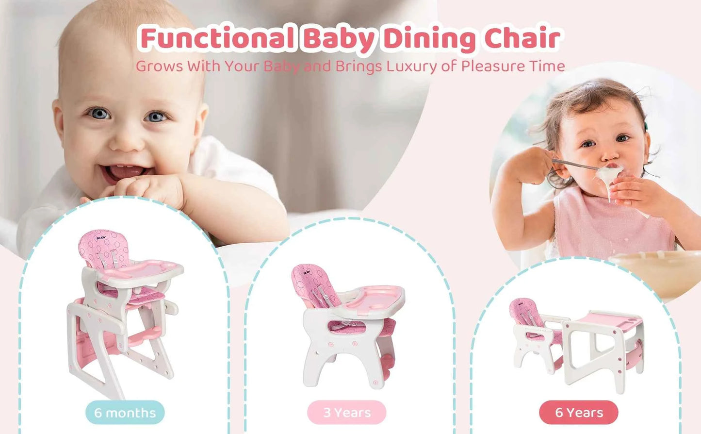 High Chair for Babies and Toddlers - 3-in-1 Adjustable Feeding Seat for 6 Months to 3 Years