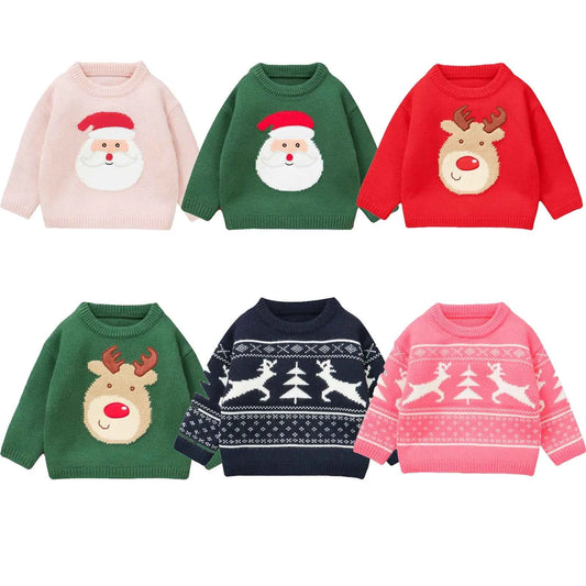 Kids Christmas Sweater – Long Sleeve Crew Neck Santa Claus & Elk Winter Sweater