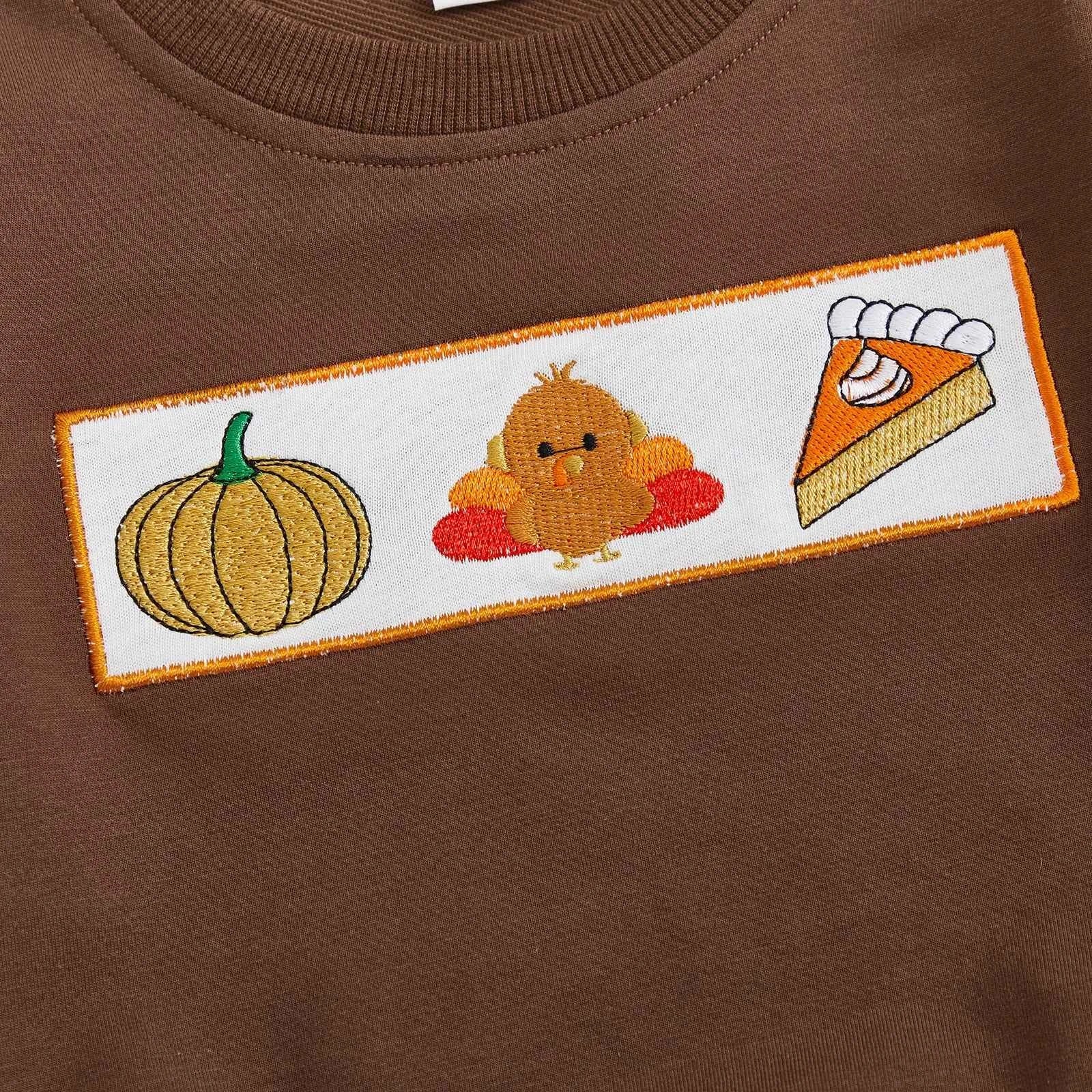 Thanksgiving Outfit – Pumpkin Turkey Sweatshirt & Plaid Elastic Waist Pants Set