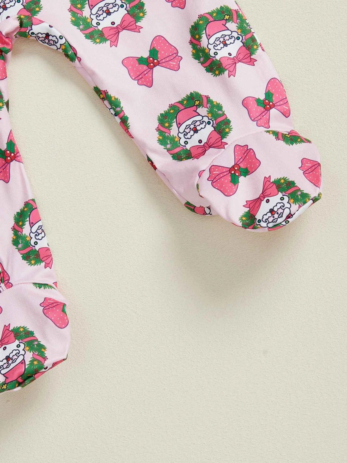 Christmas Outfit – Santa Claus Bow Print Long Sleeve Footed Romper with Matching Headband Set