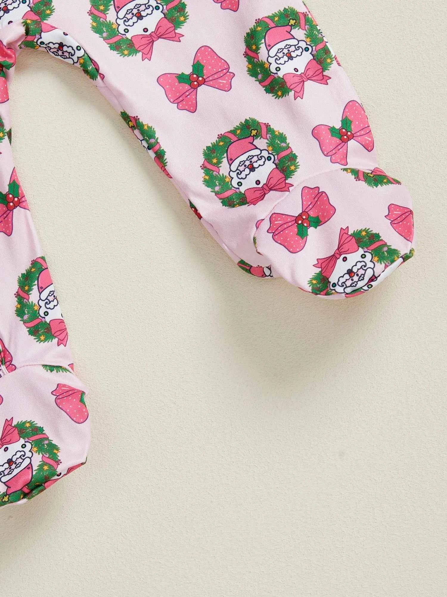 Christmas Outfit – Santa Claus Bow Print Long Sleeve Footed Romper with Matching Headband Set