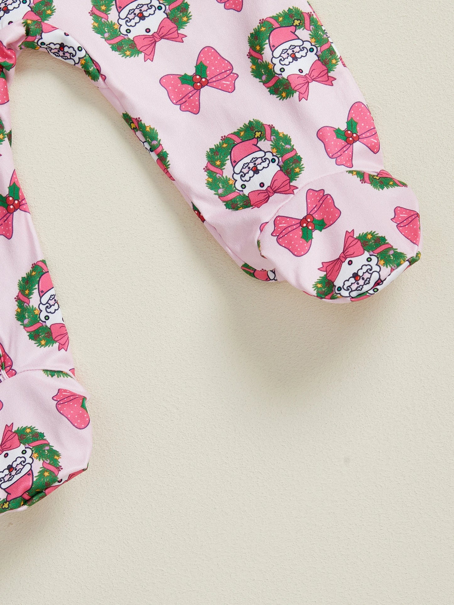 Christmas Outfit – Santa Claus Bow Print Long Sleeve Footed Romper with Matching Headband Set