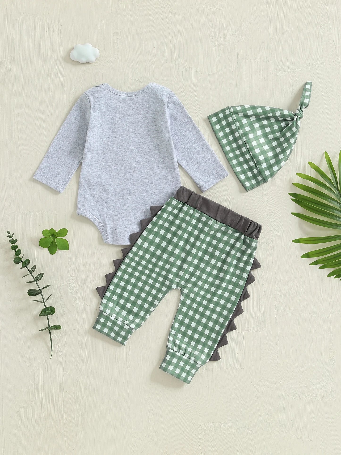 Toddler Boy Birthday Outfit – Dinosaur Print Romper and Denim Overalls 2-Piece Summer Set with Matching Hat