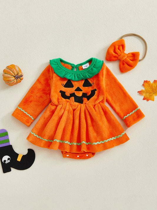 Infant Halloween Costume – Pumpkin Print Jumpsuit with Hat Set for Baby