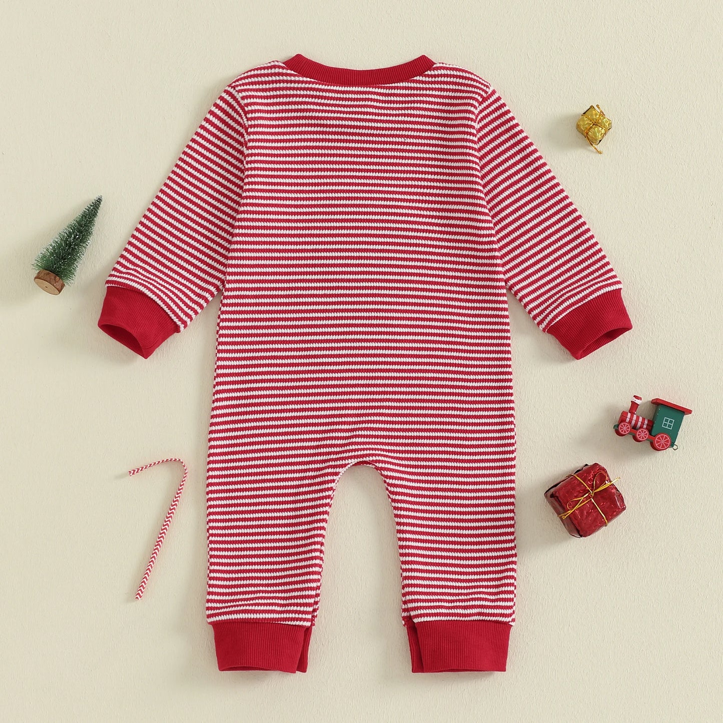 Christmas Jumpsuit – Gingerbread Man Embroidered Long Sleeve Striped Romper