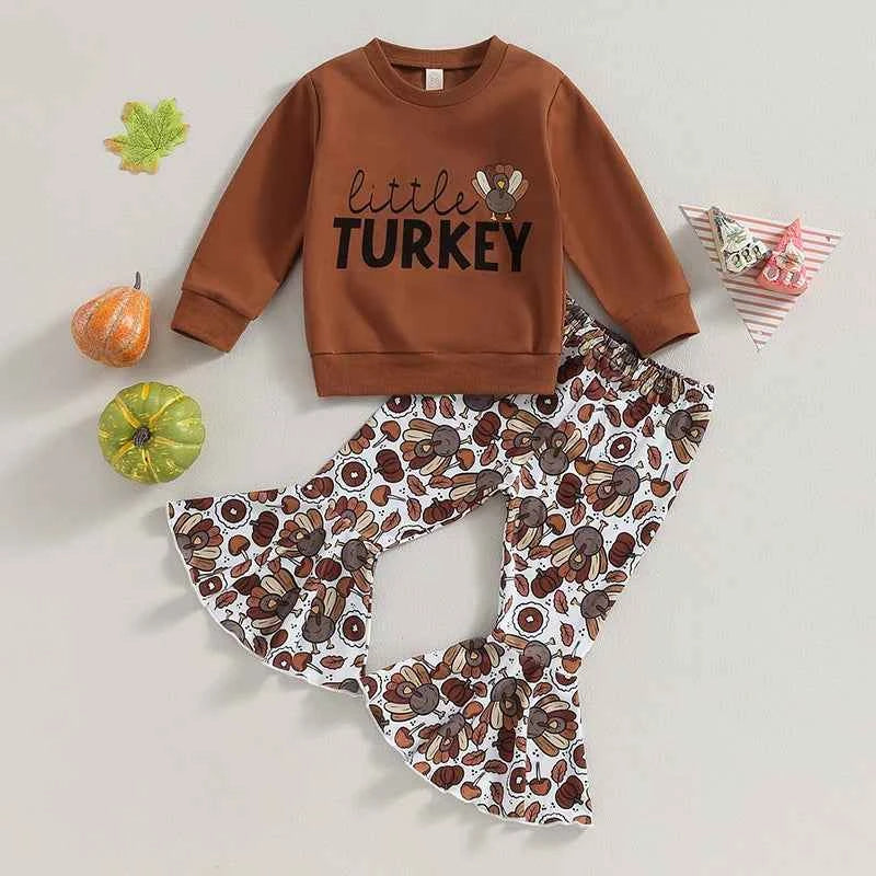 Thanksgiving Outfit for Girls – Long Sleeve Turkey Sweatshirt and Flare Pants Set (0–5 Years - 2Pcs Set)