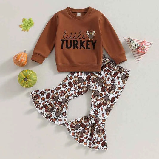 Thanksgiving Outfit for Girls – Long Sleeve Turkey Sweatshirt and Flare Pants Set (0–5 Years - 2Pcs Set)