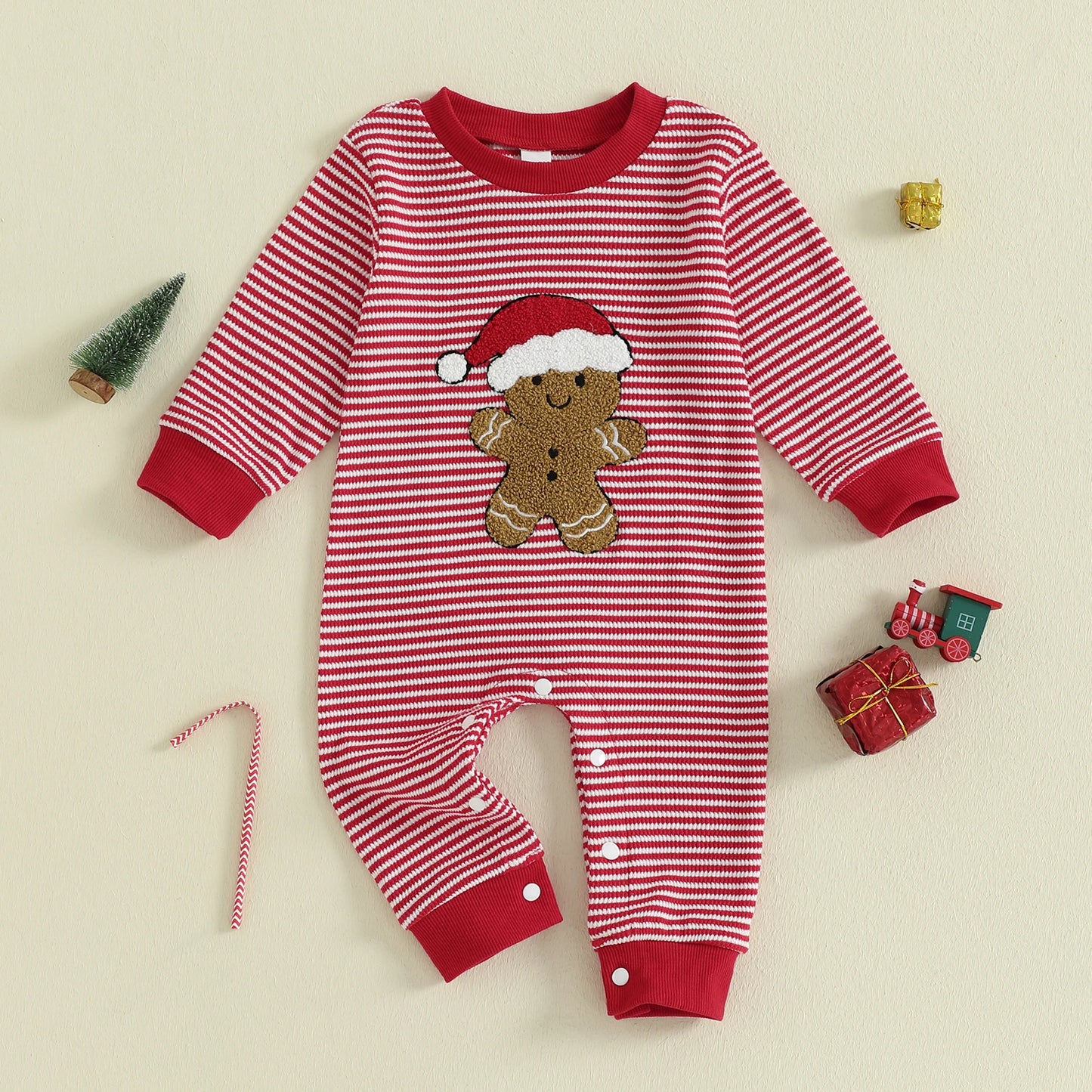Christmas Jumpsuit – Gingerbread Man Embroidered Long Sleeve Striped Romper