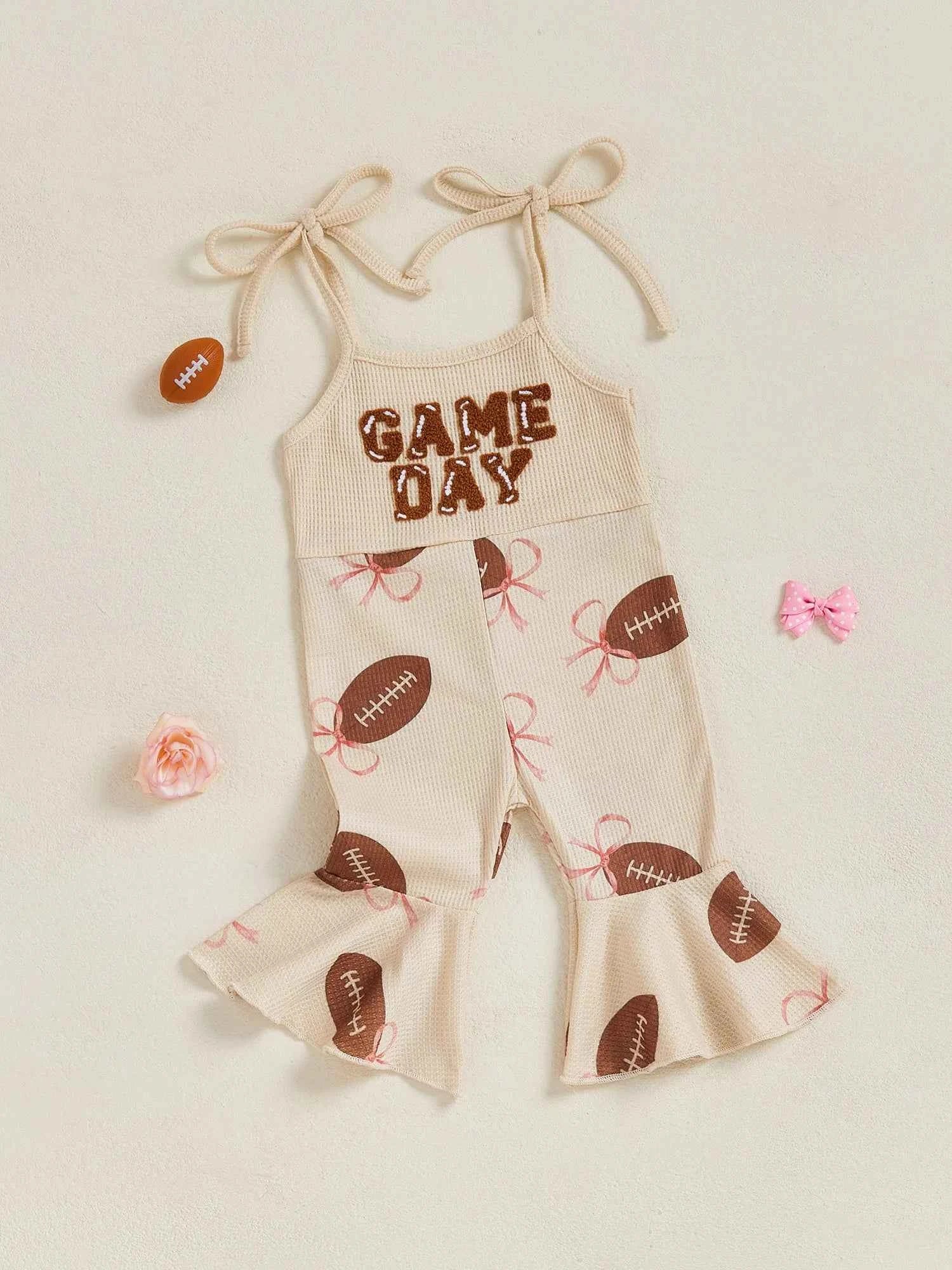 Baby Bell Bottom Jumpsuit – Sleeveless Tie-Up Strap Overalls with Letter Embroidery "Game Day" Print