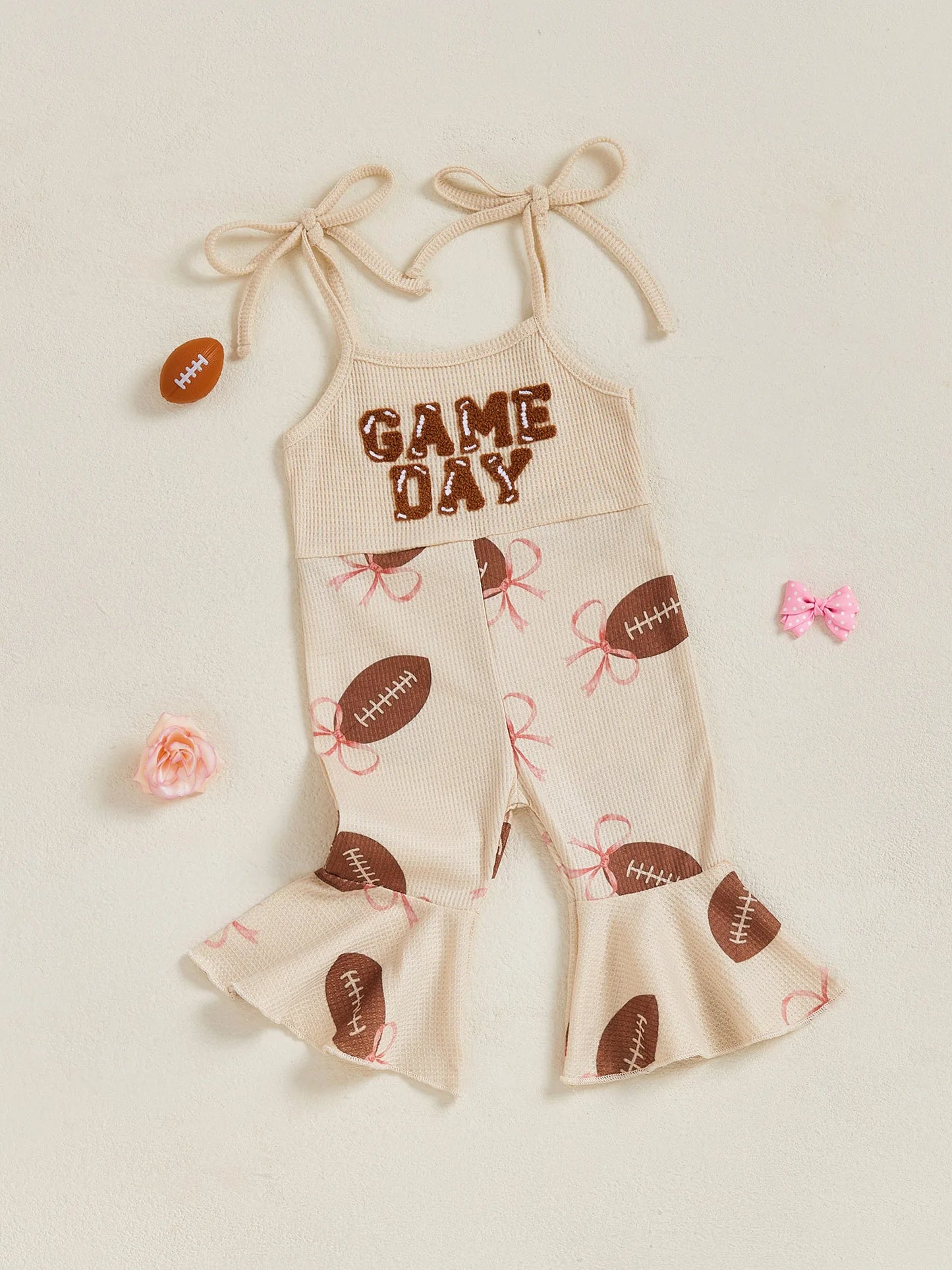 Baby Bell Bottom Jumpsuit – Sleeveless Tie-Up Strap Overalls with Letter Embroidery "Game Day" Print