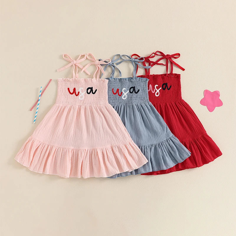 Girls 4th of July Smocked Dress – Sleeveless Tie Shoulder Toddler A-Line Patriotic Outfit