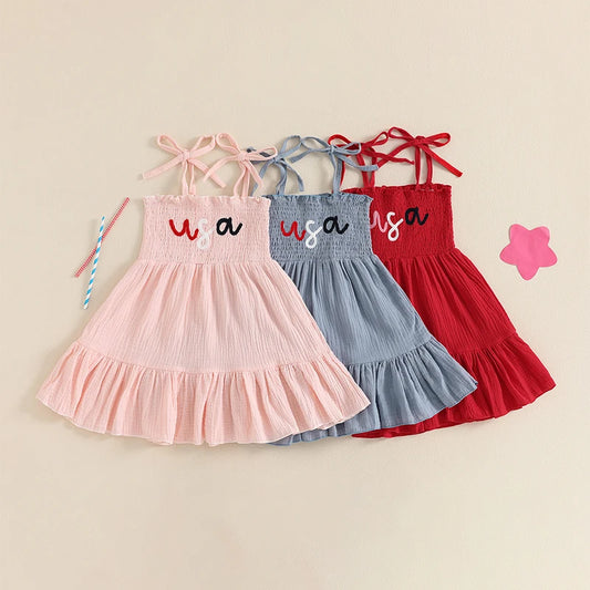 Girls 4th of July Smocked Dress – Sleeveless Tie Shoulder Toddler A-Line Patriotic Outfit