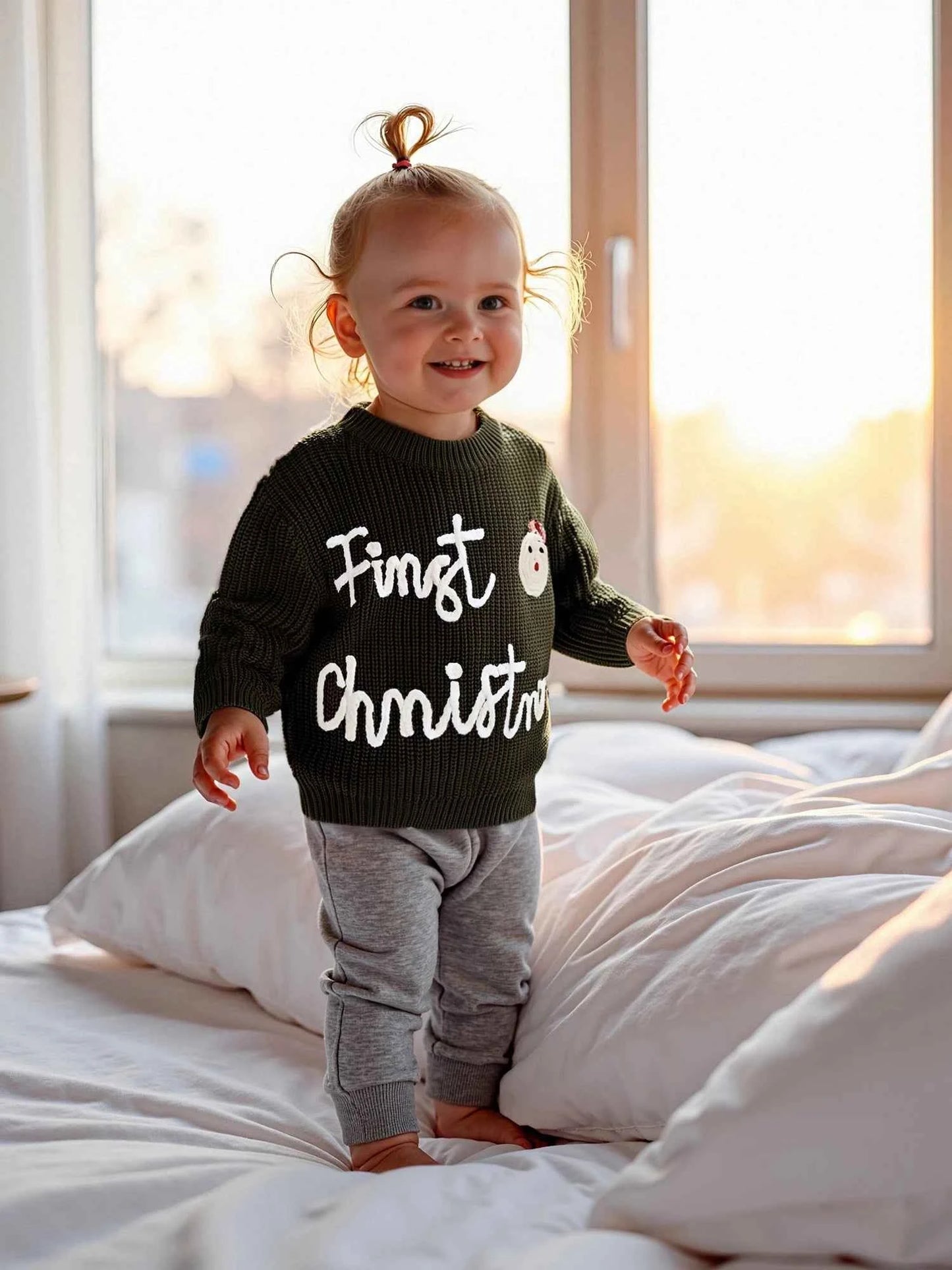 Infant Christmas Sweater – Long Sleeve Crew Neck Elk Letter Knit Pullover for Winter