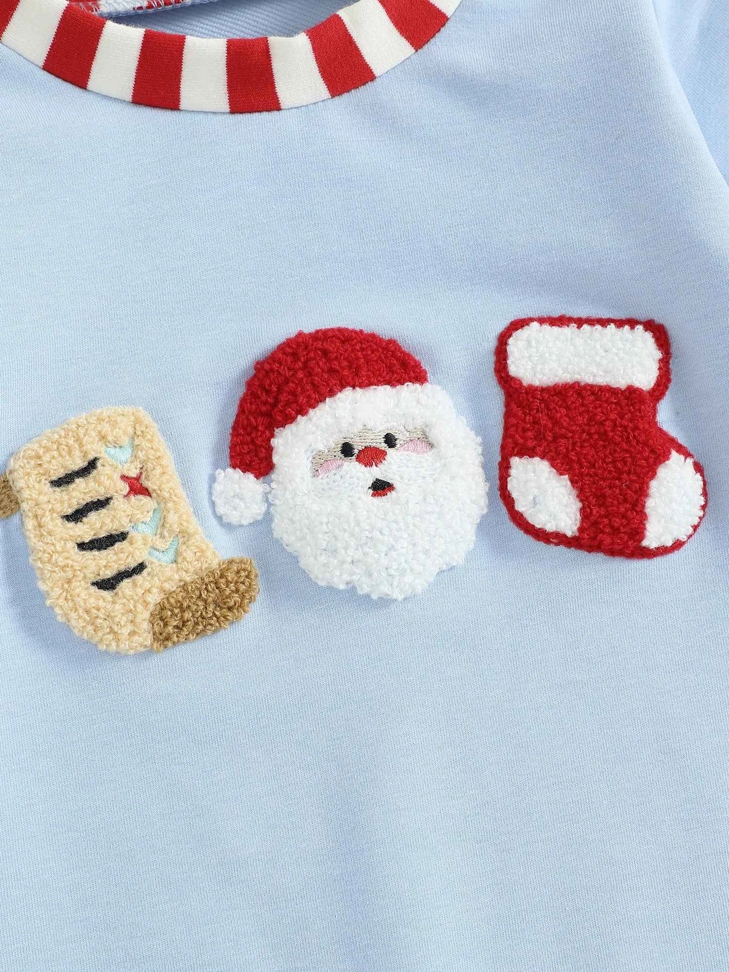 Baby Christmas Romper – Santa Embroidery Striped Long Sleeve Crew Neck Full-Length Jumpsuit