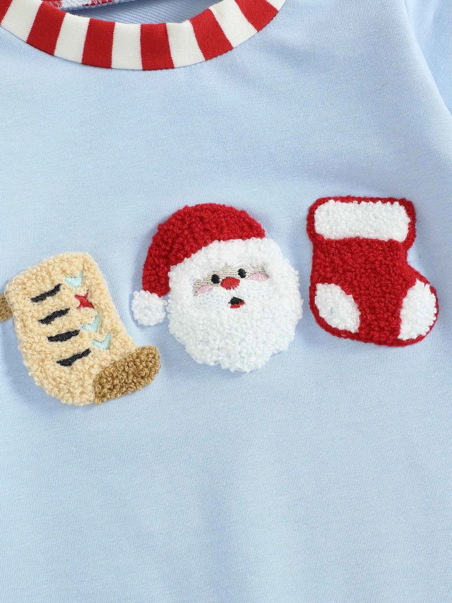 Baby Christmas Romper – Santa Embroidery Striped Long Sleeve Crew Neck Full-Length Jumpsuit