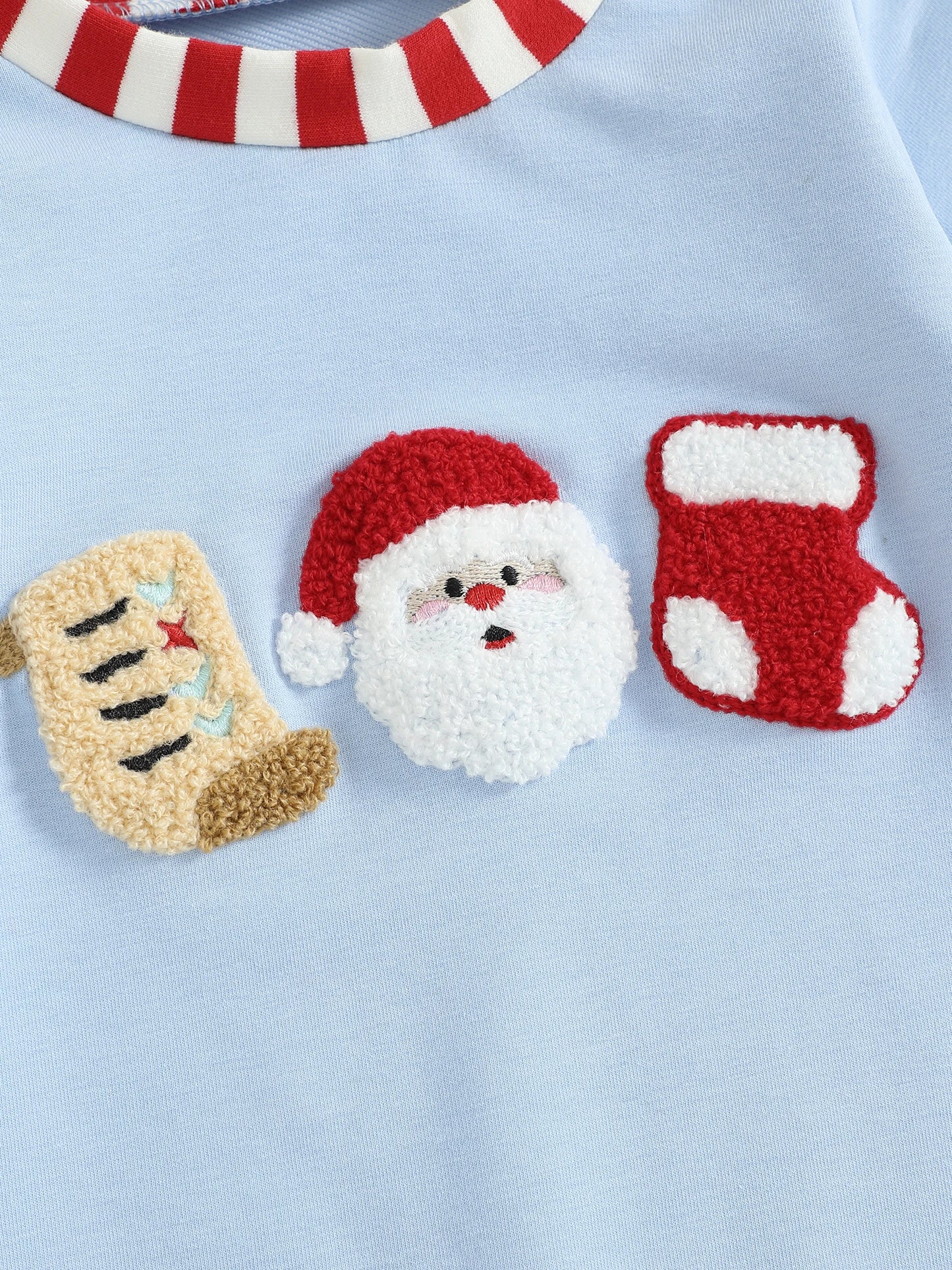 Baby Christmas Romper – Santa Embroidery Striped Long Sleeve Crew Neck Full-Length Jumpsuit
