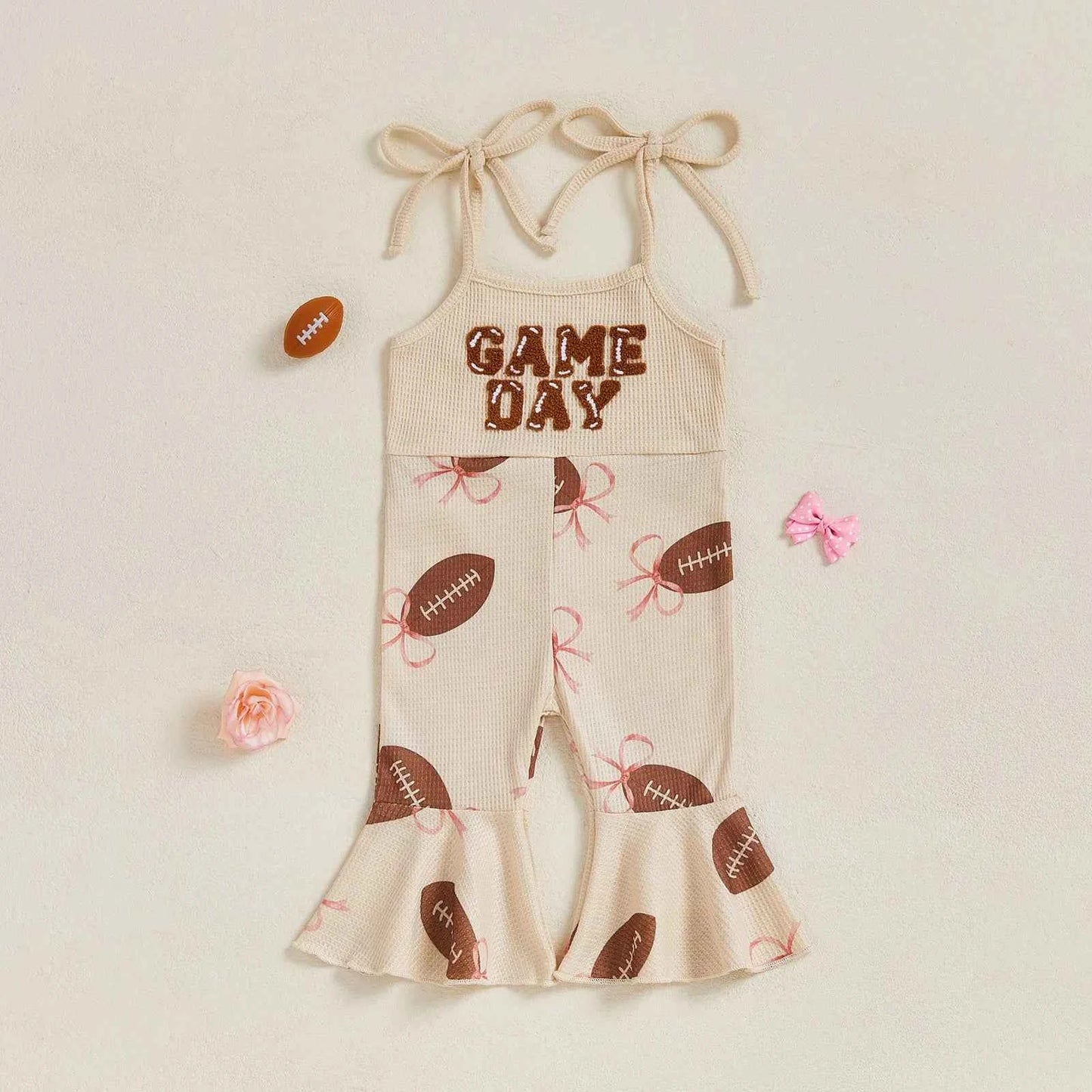 Baby Bell Bottom Jumpsuit – Sleeveless Tie-Up Strap Overalls with Letter Embroidery "Game Day" Print