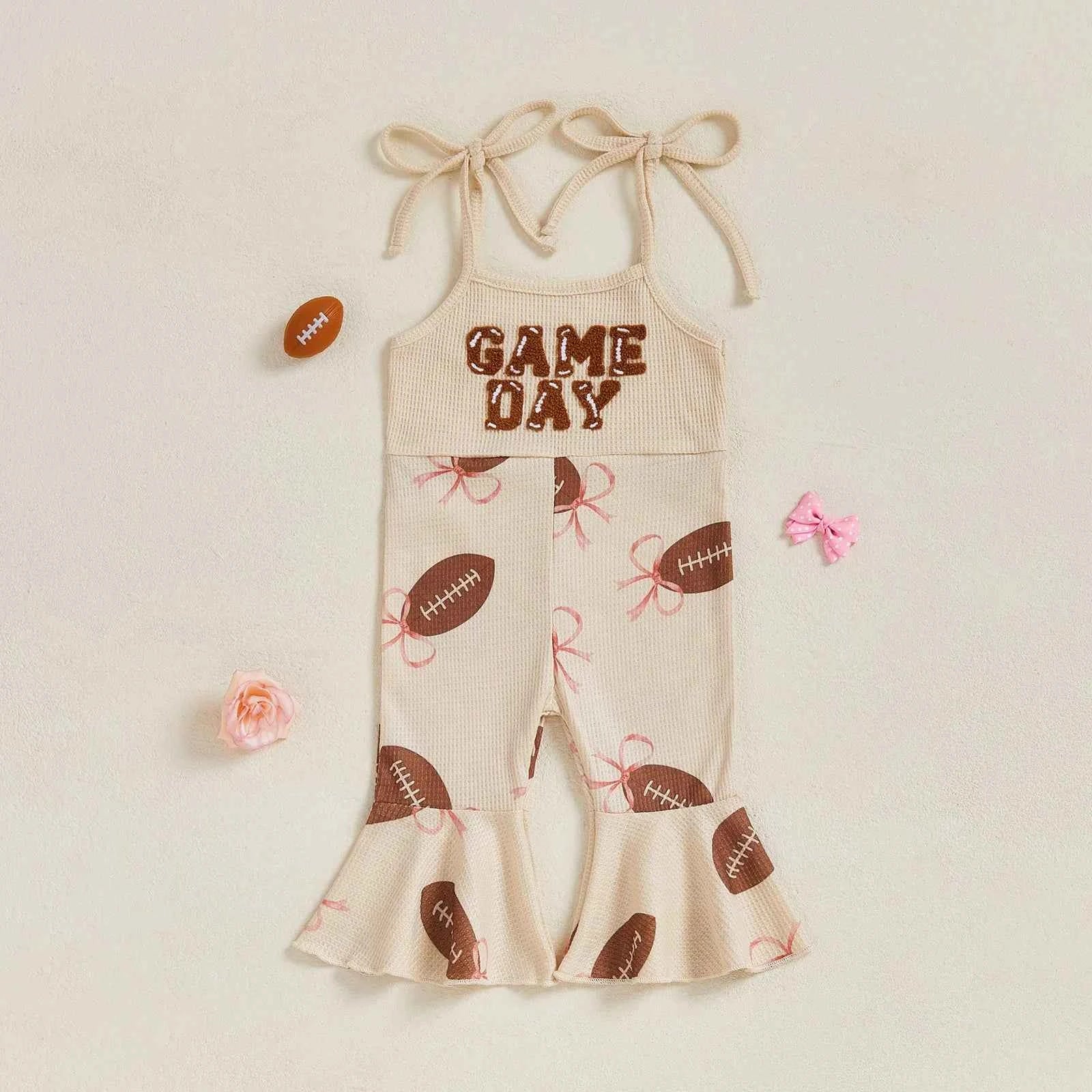 Baby Bell Bottom Jumpsuit – Sleeveless Tie-Up Strap Overalls with Letter Embroidery "Game Day" Print