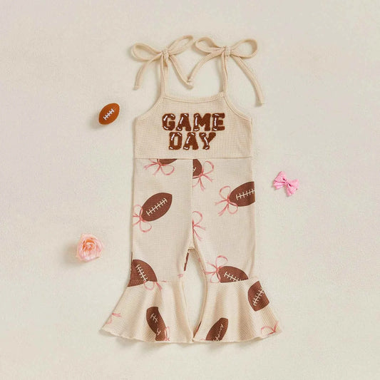 Baby Bell Bottom Jumpsuit – Sleeveless Tie-Up Strap Overalls with Letter Embroidery "Game Day" Print