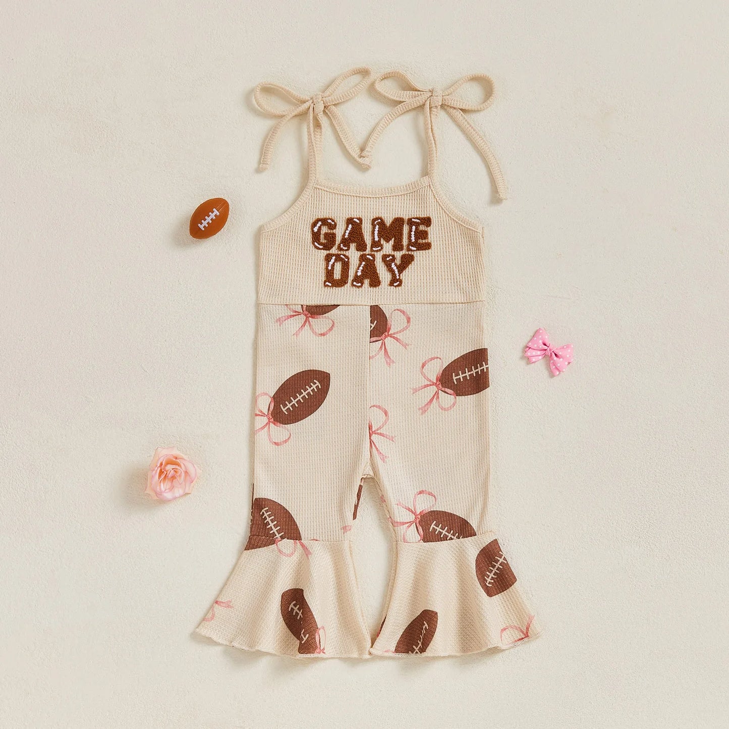 Baby Bell Bottom Jumpsuit – Sleeveless Tie-Up Strap Overalls with Letter Embroidery "Game Day" Print